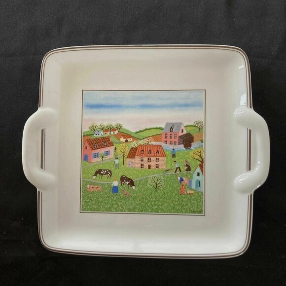 Villeroy & Boch Naif Village 8" Square Cake Plate Serving Platter w/Handles - Picture 1 of 6